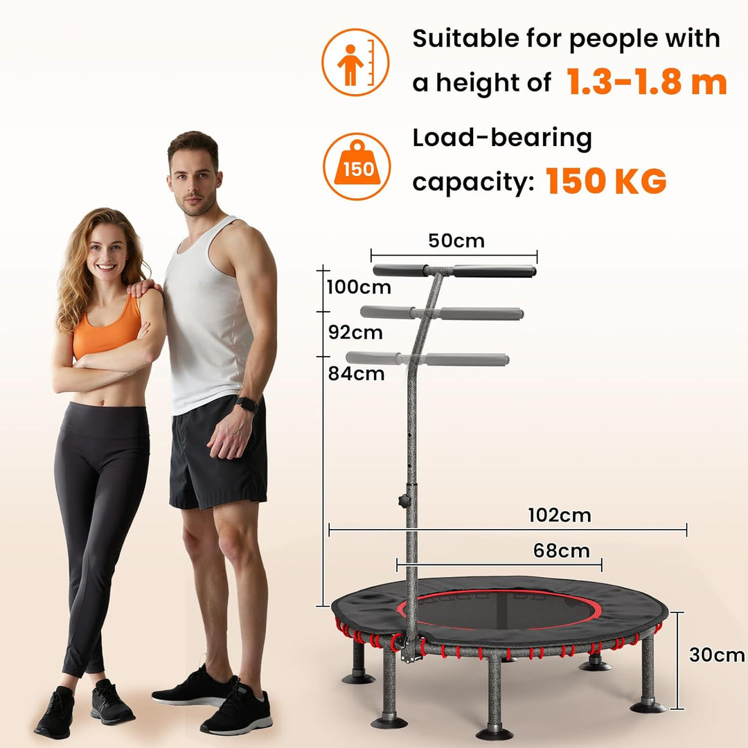 LIFERUN Fitness Trampolin Indoor | mit Randabdeckung | Bis 150kg Belastbar | 3 Verstellbare Haltegri