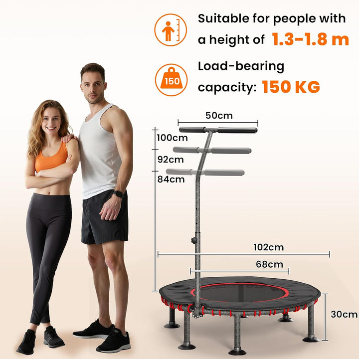 LIFERUN Fitness Trampolin Indoor | mit Randabdeckung | Bis 150kg Belastbar | 3 Verstellbare Haltegri