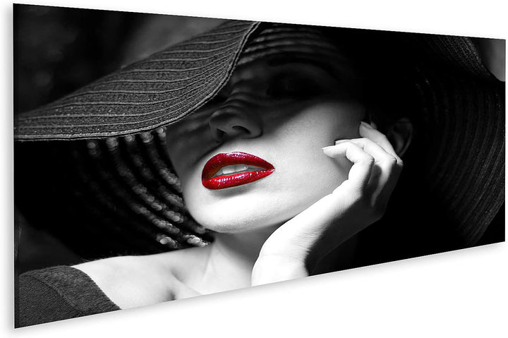 islandburner Bild auf Leinwand Mysteriöse Frau Mit Schwarzem Hut Und Roten Lippen Bilder Wandbilder