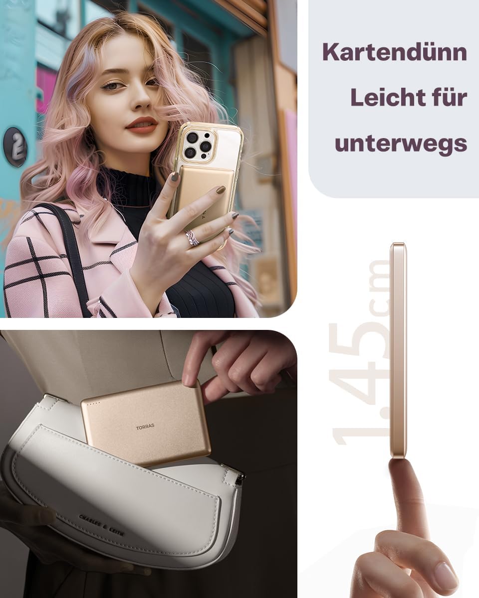 TORRAS MiniMag Gold Powerbank für MagSafe, 10000mAh Schnellladen Magnetische Power Bank Slim, Wirele