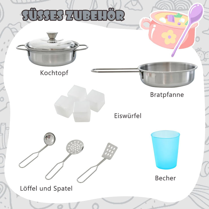 COSTWAY Kinderküche mit 10 Spielzubehör, Spielküche Kinder mit Tafel, Spielzeugküche mit Mikrowelle