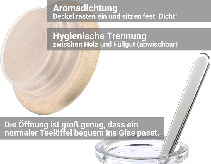 Gewürzgläser Set mit 15x VOLLHOLZ Deckel (ohne Leim) und 15x 150ml Gewürzbehälter (dickes Glas) Gewü