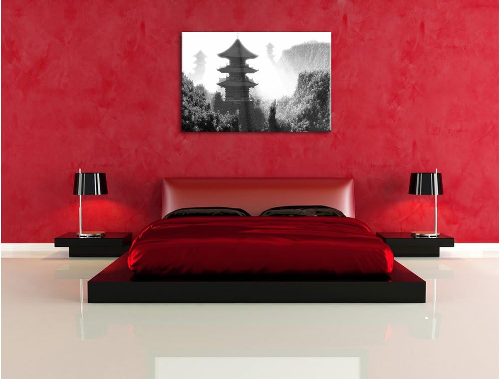 Pixxprint chinesische Häuser Kunst B&W als Leinwandbild/Grösse: 100x70 / Wandbild/Kunstdruck/fertig