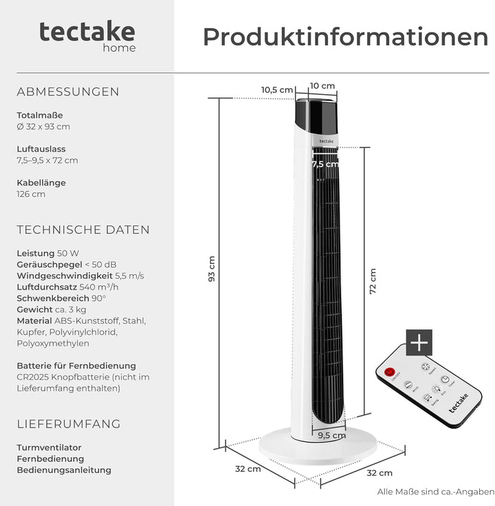TecTake® Turmventilator, 93 cm, extrem leise, energiesparend, 90° Schwenkfunktion, 3 Modi, 3 Stufen,