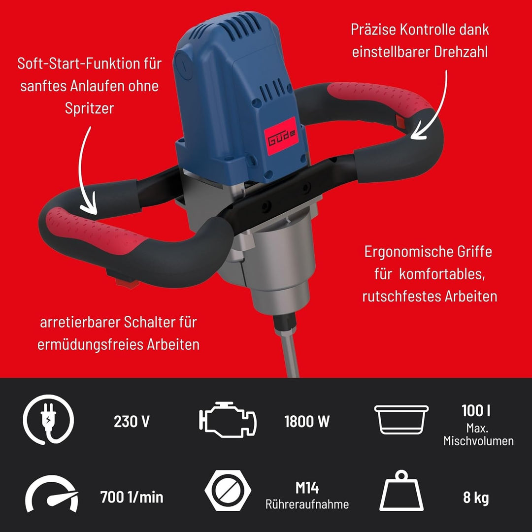 Güde 58048 Rührwerk GRW 1800 (Aufsatz 140 mm, 1800W, 2-Gang-Getriebe, Soft-Start-Funktion, Arretierb