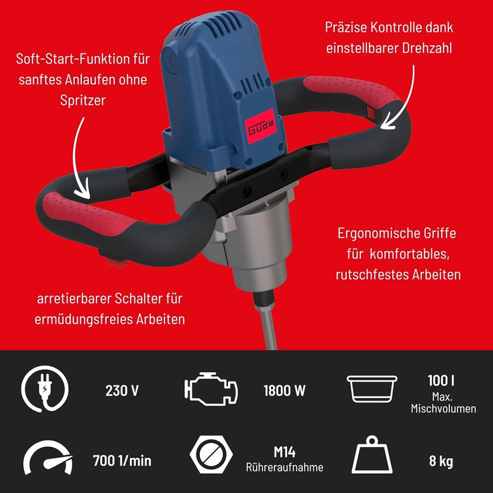 Güde 58048 Rührwerk GRW 1800 (Aufsatz 140 mm, 1800W, 2-Gang-Getriebe, Soft-Start-Funktion, Arretierb