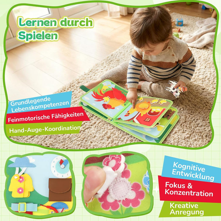 25‑in‑1 Bauernhof Busy Board ab 1 Jahr für unterwegs | Quiet Book Montessori Spielzeug, Geschenk für