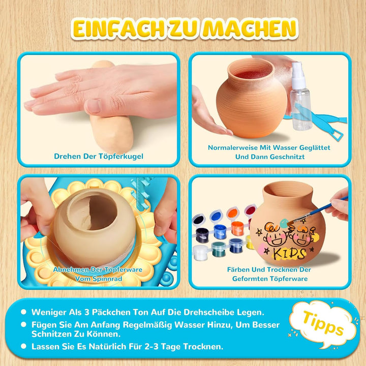 IEEILULU Töpferset für Kinder,Töpferscheibe Elektrisch, Töpfermaschine-Kunstset mit Töpferton, Farbe