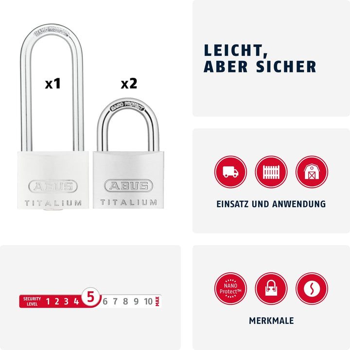 ABUS Vorhängeschloss Titalium 64TI/40 + HB63 - 3er Set, gleichschliessend - Kellerschloss mit Schlos