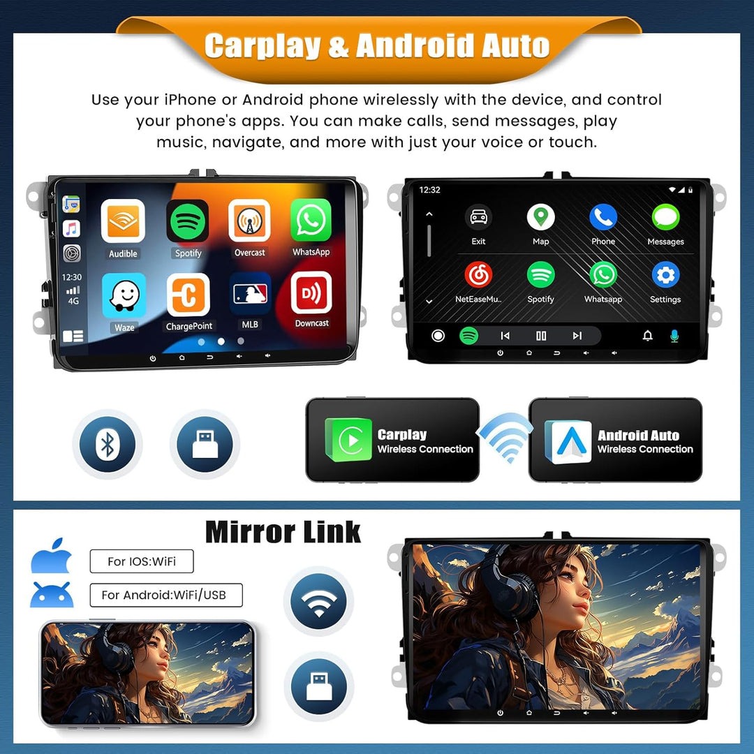 [8 Core 4G+64G] CAMECHO Autoradio Android 13 für VW Golf 5 6 Polo Skoda Passat mit Wireless Carplay