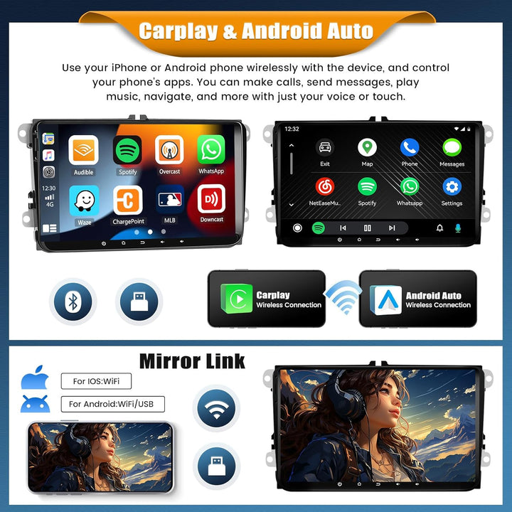 [8 Core 4G+64G] CAMECHO Autoradio Android 13 für VW Golf 5 6 Polo Skoda Passat mit Wireless Carplay