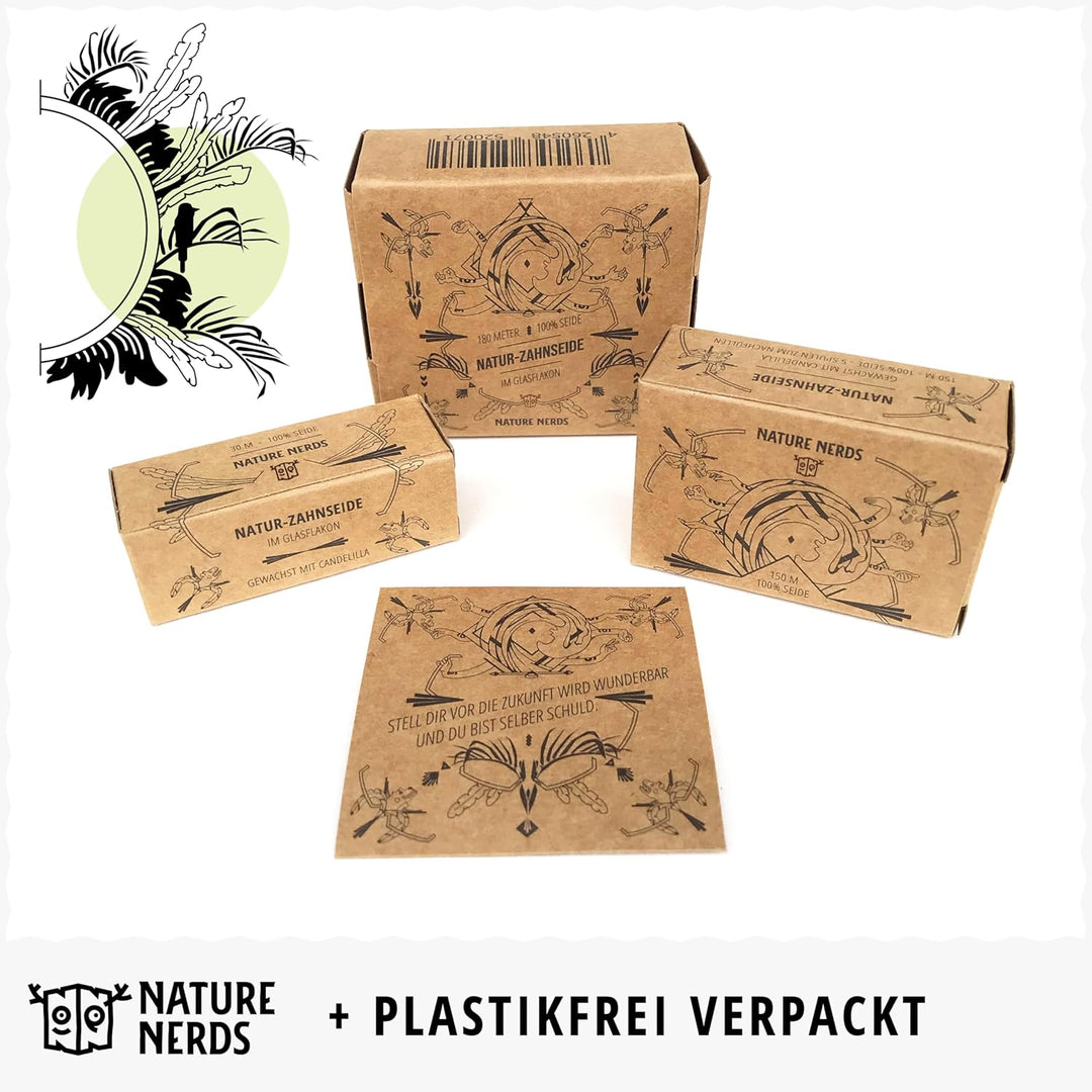 Nature Nerds – plastikfreie Natur Zahnseide im Glas-Flakon gewachst mit Candelilla – 6 Spulen = 180