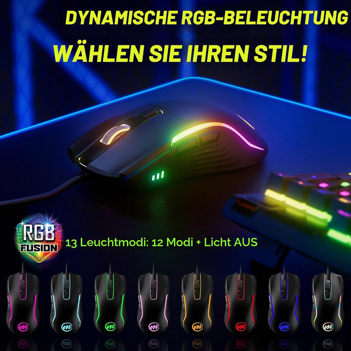 memzuoix Gaming Maus mit Kabel und LED-Lichtern – 12.800 DPI einstellbar, 6 Tasten, 12 RGB-Modi, Erg