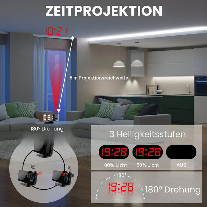 Exmate Projektionswecker, Digital Wecker mit Projektion, USB-Ladeanschluss, 7.5'' grosses Spiegel-LE