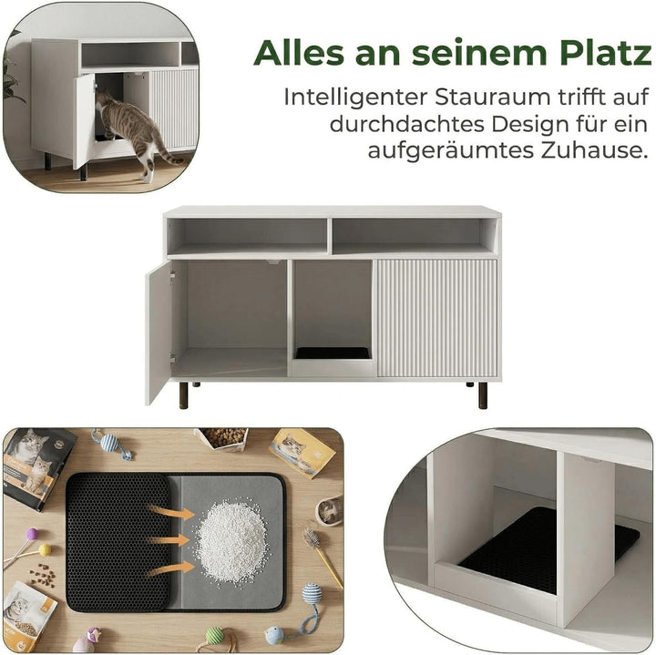 Katzenklo Schrank für 2 Katzen, Weiss, 120 x 50 x 66 cm | MDF, verstecktes Katzenklo Möbel, belüftet