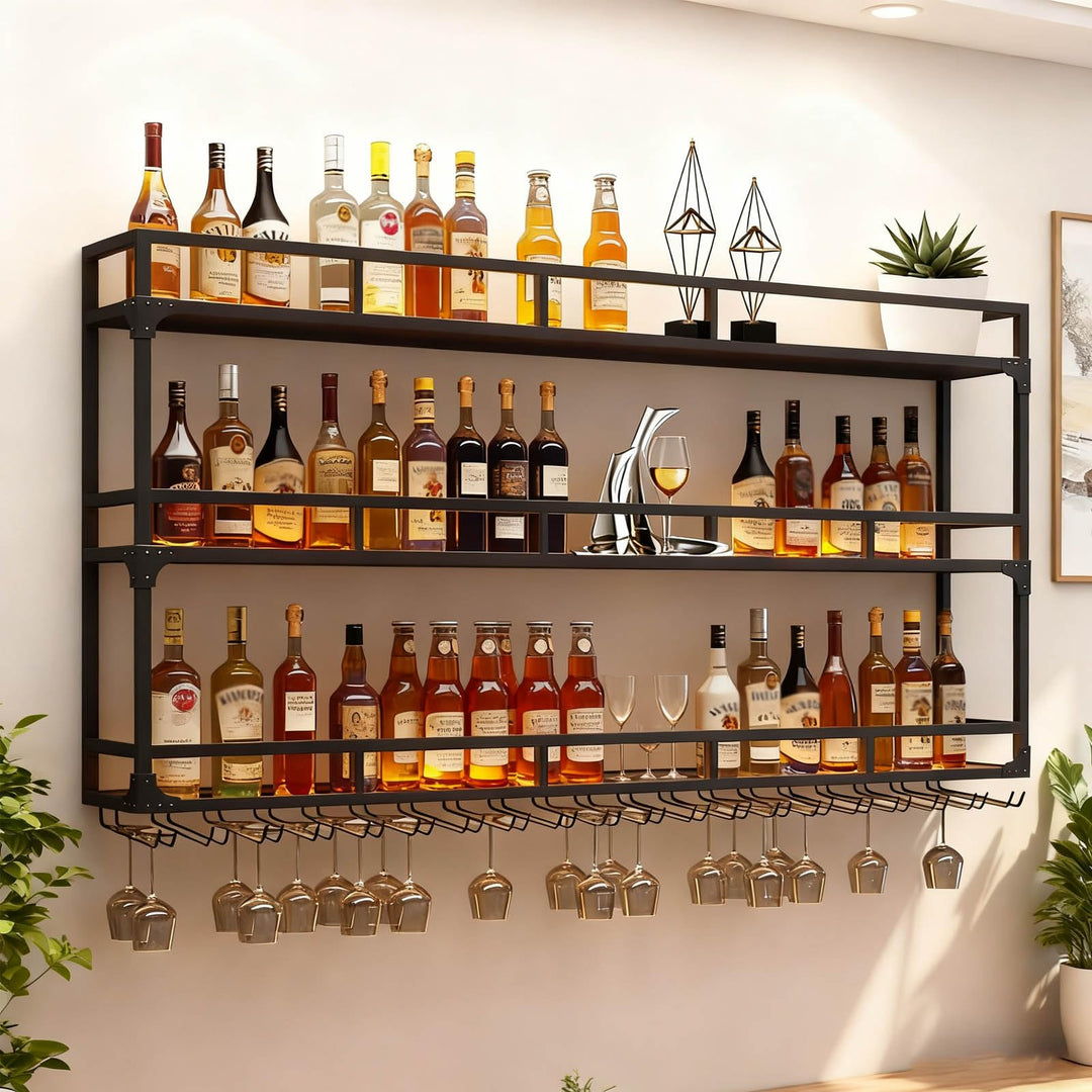 Weinregal Wand mit Glashalter, 3 Ebenen Weinpareite Display Rack, Metall Weinflasche Glashalter Wand