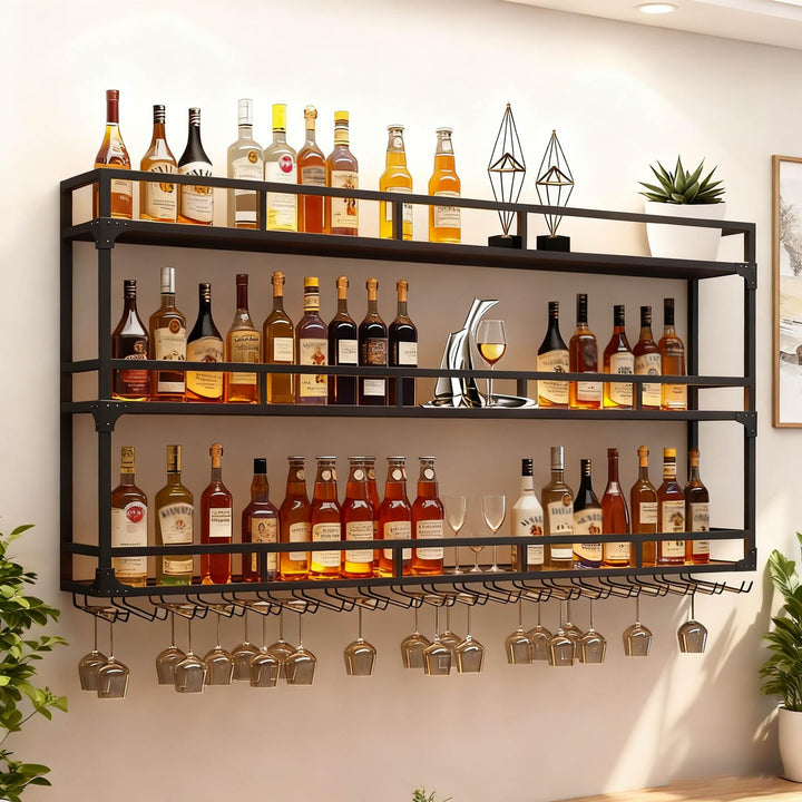 Weinregal Wand mit Glashalter, 3 Ebenen Weinpareite Display Rack, Weinflasche Glashalter Wandmontage