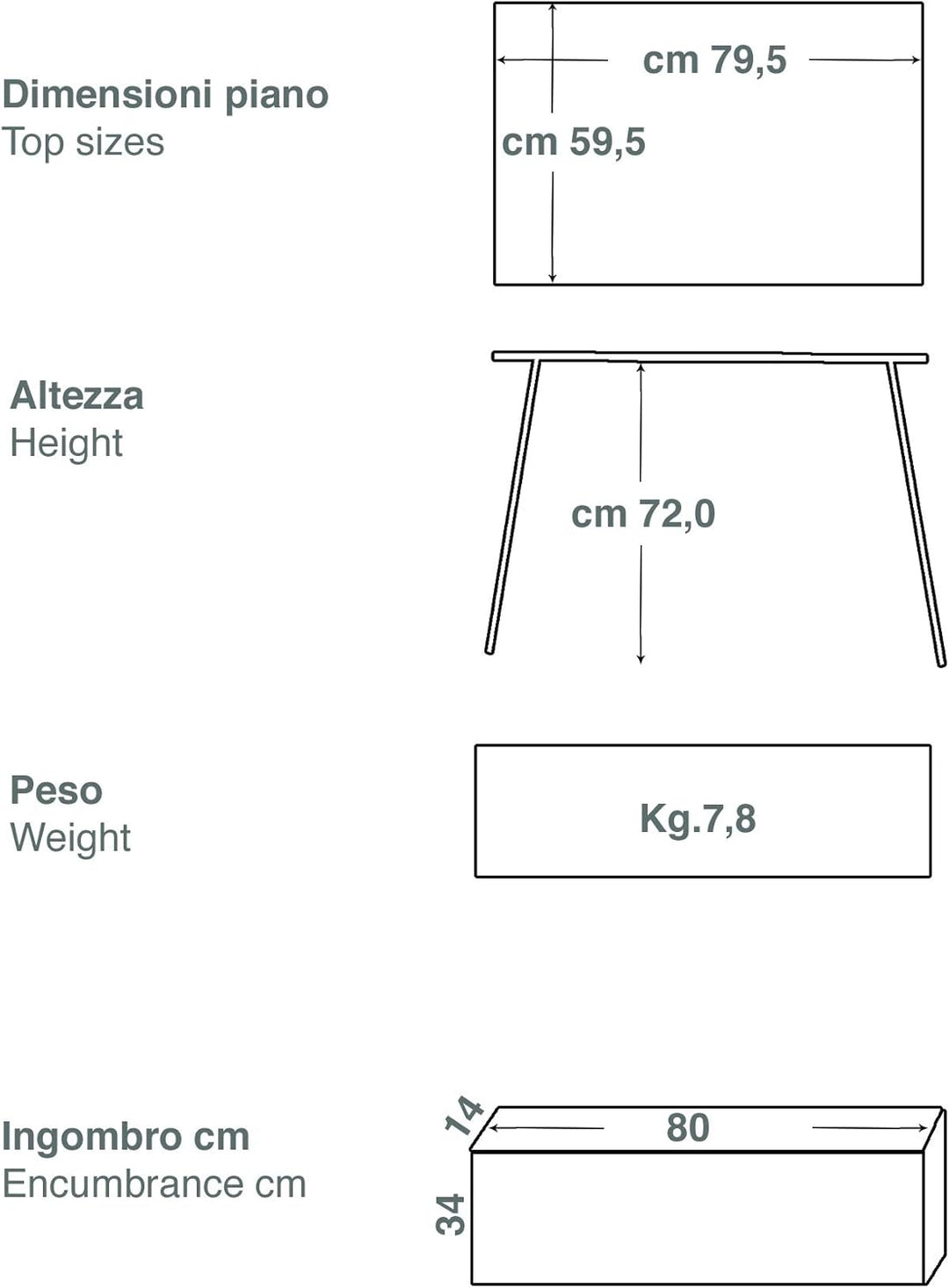 CASTELMERLINO 46 Klapptisch Camper Lärche 80 x 60 cm mit Tasche Nylon 60 x 80 Grau und Natur, 60 x 8