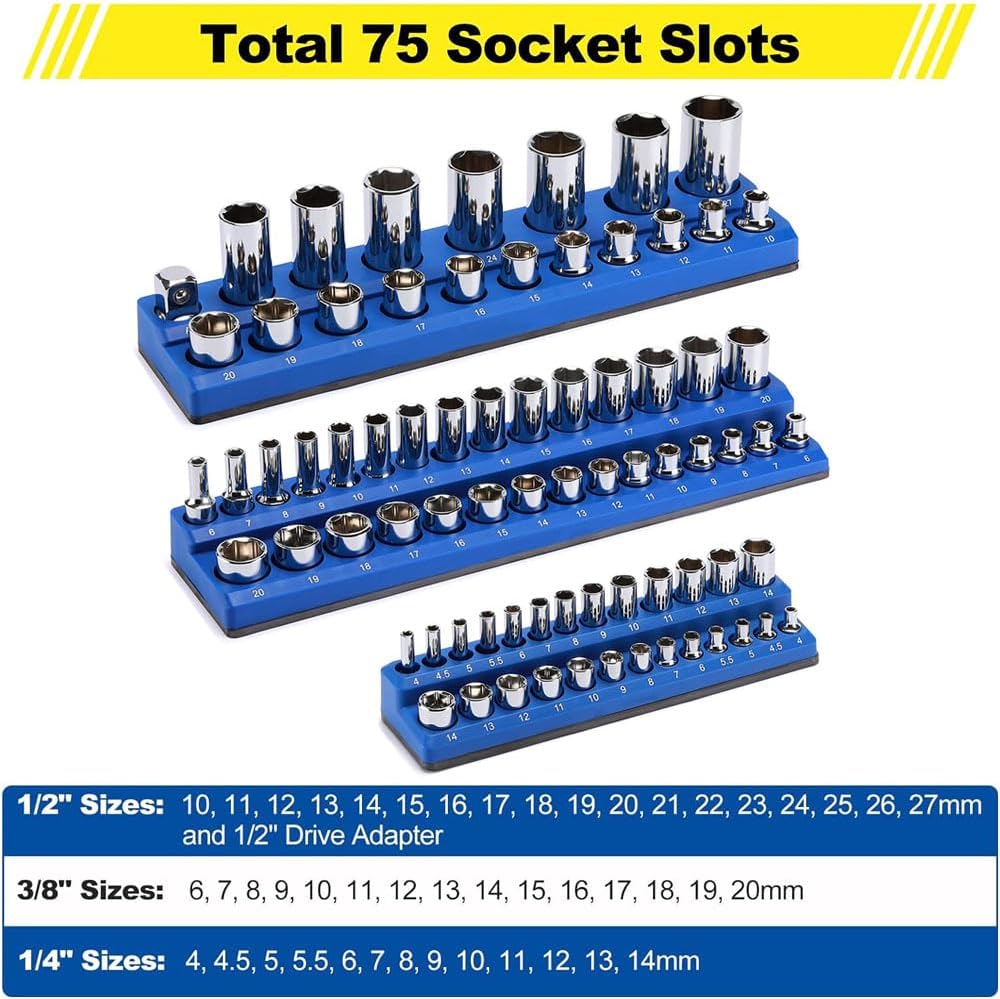 Magnetischer Steckschlüssel-Organizer mit 75 Schlitzen, 3 Stück Metrischer Steckschlüsselhalter-Set
