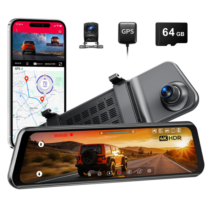 12 Zoll Rückspiegel Dashcam, 4K UHD Frontkamera & 2.5K Rückfahrkamera fürs Auto, mit ADAS BSD LCA Sm