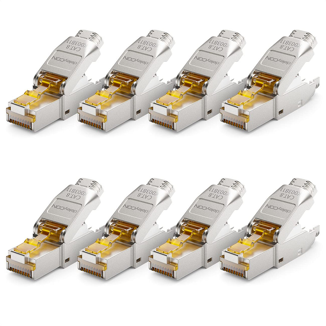 deleyCON 8x CAT 8 Netzwerkstecker RJ45 Werkzeuglos Geschirmt 40 Gbit/s Netzwerk Stecker für Starre V