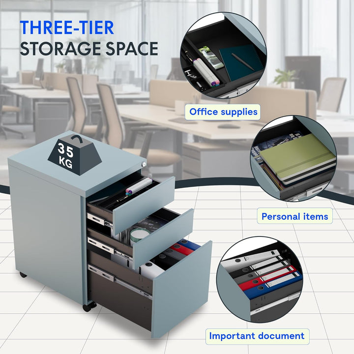 FLEXISPOT Rollcontainer Kleiner Schrank mit 3 Schubladen, mobiler Aktenschrank mit Rollen, abschlies