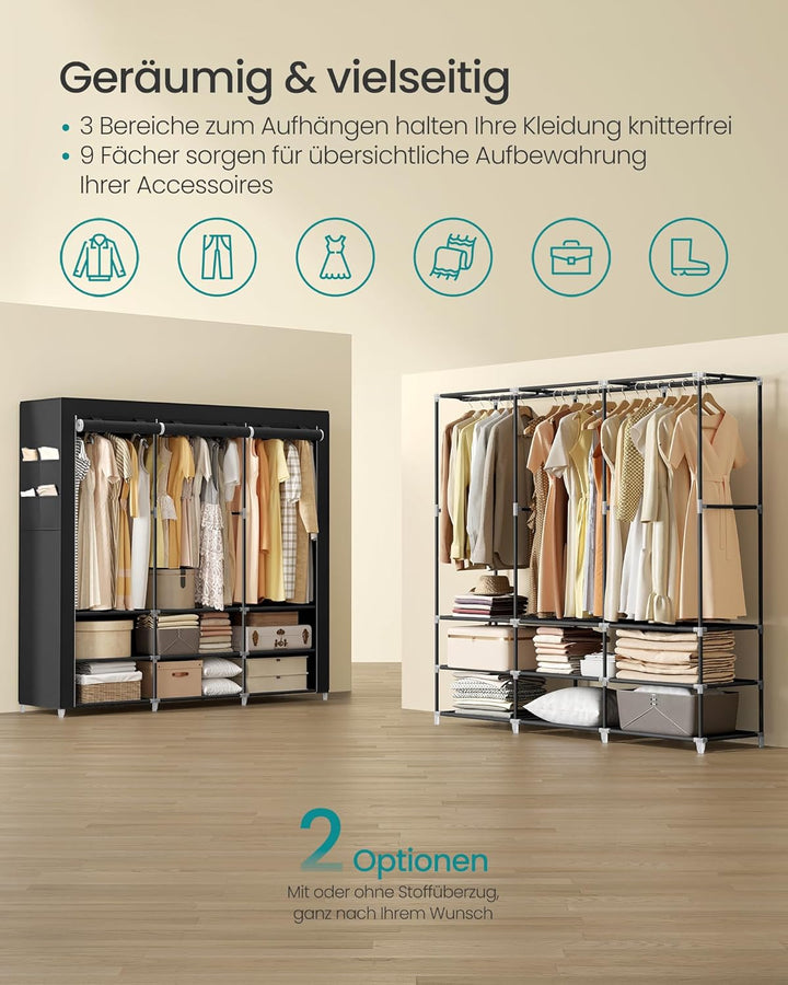 SONGMICS Stoffschrank, Kleiderschrank, 45 x 188 x 176 cm, 3 Hängefächer, mit Ablagen, 4 Seitentasche