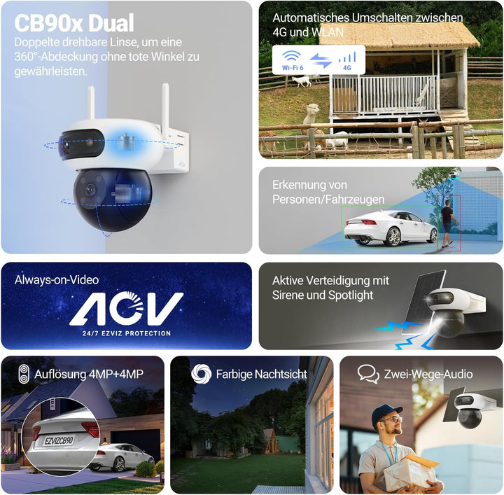 EZVIZ 4G Überwachungskamera Aussen Solar mit 10400mAh Akku, 4MP+4MP Dual-lens, 360° PTZ Auto-Track,