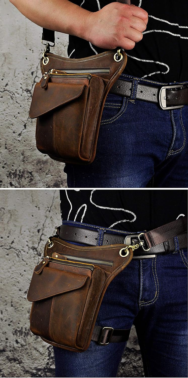 Le'aokuu Herren Echtes Leder Rucksäcke Beinbeutel Beintasche Hüfttasche Hip Bum Weist Pack Outdoor M