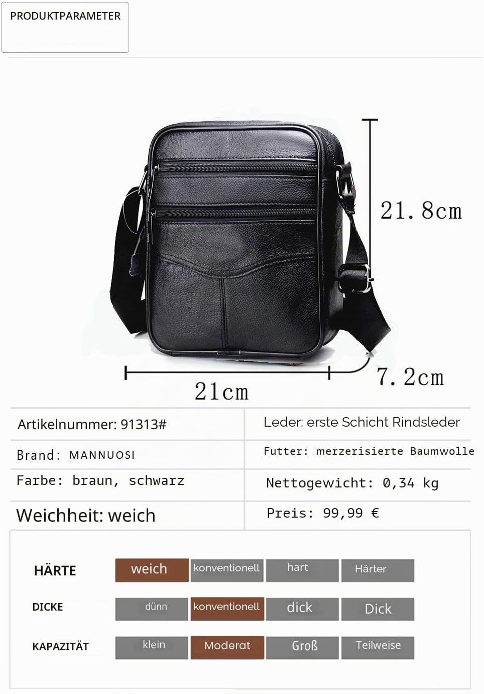 Herren Schultertaschen Freizeit Fashion Echtleder Crossbody Tasche Schwarz3, Schwarz3