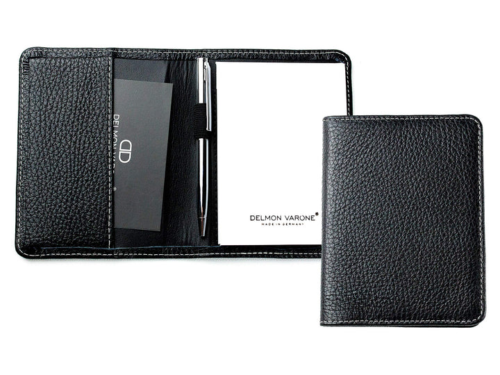 DELMON VARONE - Personalisierbares Notizblock Etui DIN A7 aus Premium Leder Soft Grain schwarz, Tasc