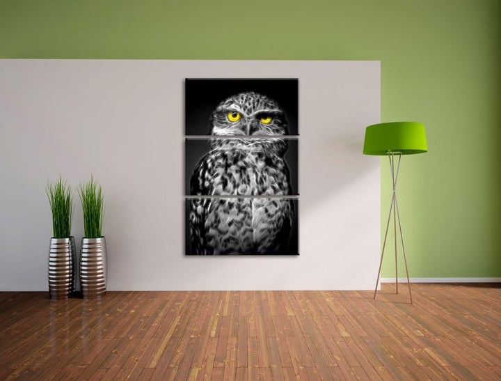 Dark kleine scheue Eule schwarz/weiss Deluxe 3-Teiler Leinwandbild 120x80 Bild auf Leinwand, XXL rie