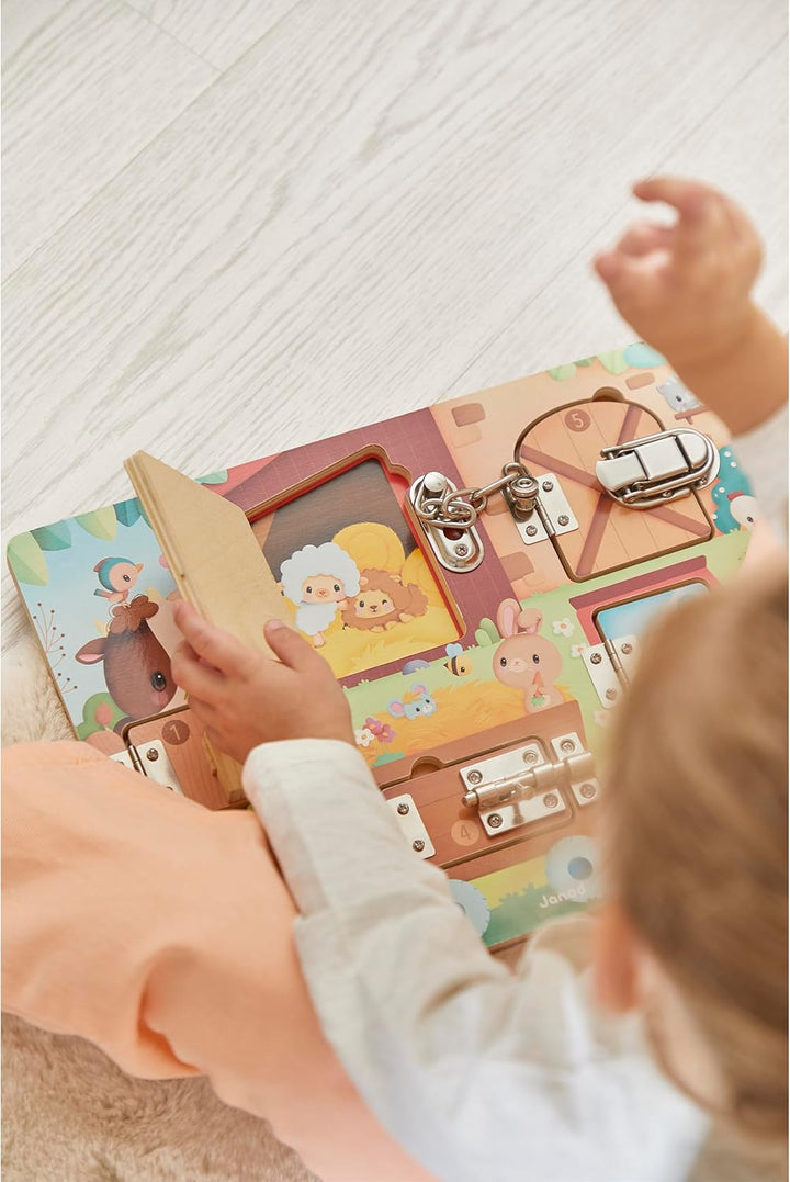 Janod – Bauernhof-Tafel mit Vorhängeschloss – Busy Board-Aktivitätsbrett – 5 Arten von Öffnungen – F