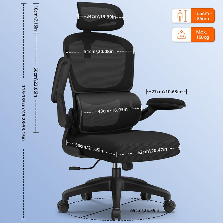 Bürostuhl, Bürostuhl Ergonomisch, Schreibtischstuhl mit 5D-Lendenwirbelstütze und Kopfstütze, 90° kl