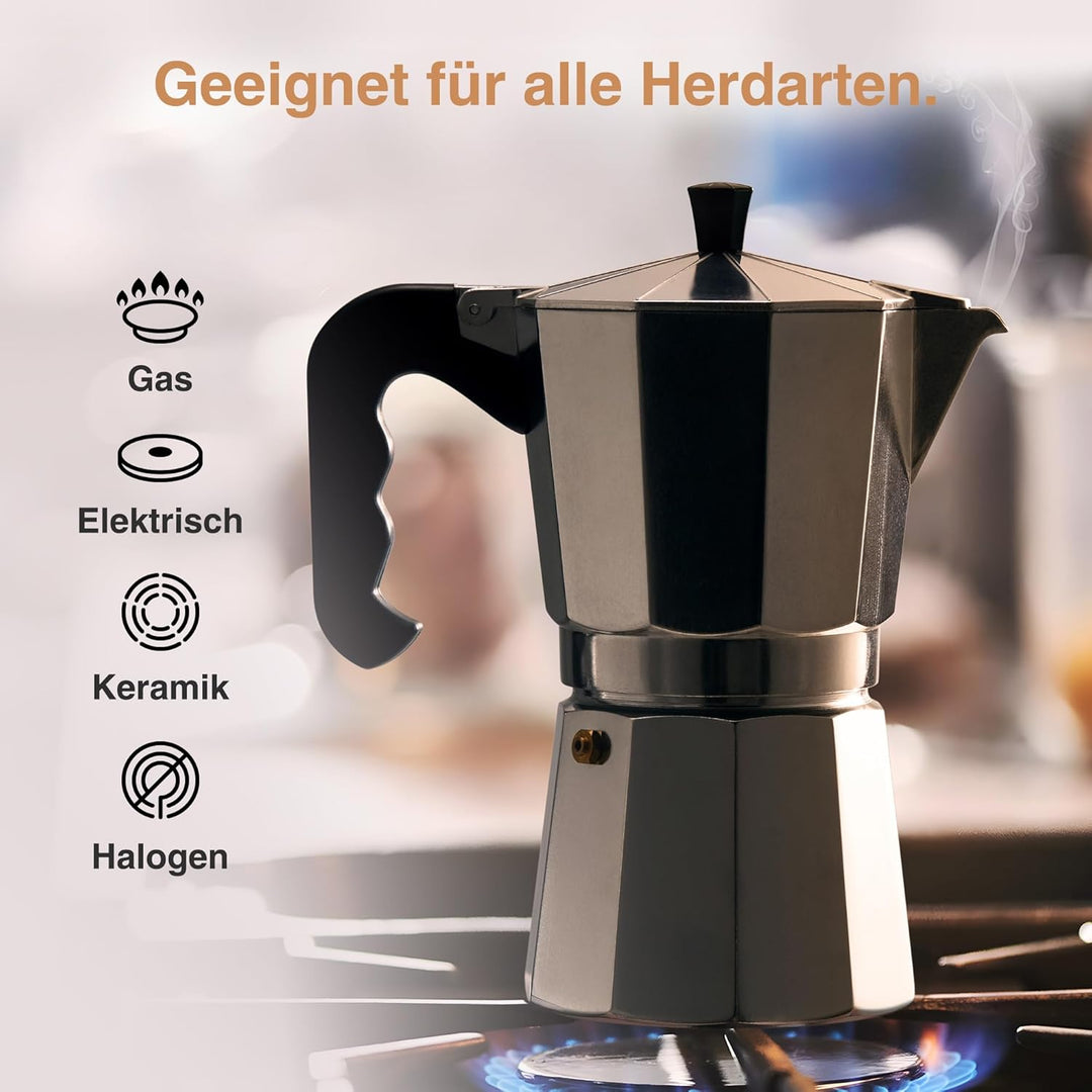 VonShef Espressokanne für den Herd, Italienischer Espressokocher aus Aluminium für Gas- & Elektroher