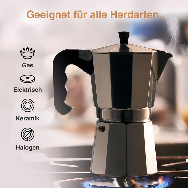 VonShef Espressokanne für den Herd, Italienischer Espressokocher aus Aluminium für Gas- & Elektroher