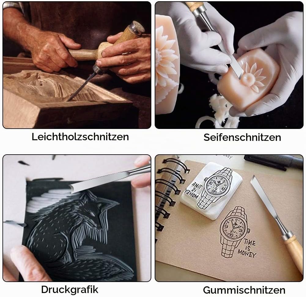 flintronic Stechbeitelsatz, 12-teilig Holzgriff &amp; Werkzeyt, Holzmeisselset, Tranchiermesser Holzschn