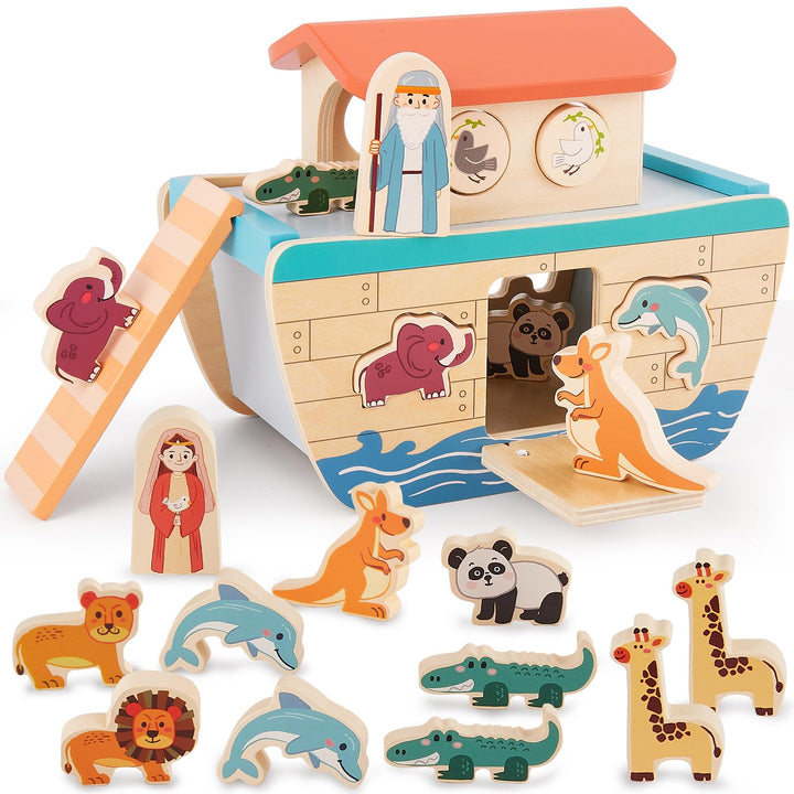 HERSITY Arche Noah aus Holz, Holzspielzeug Kinder Taufgeschenke für Mädchen Jungen 12 Monate, Holz S