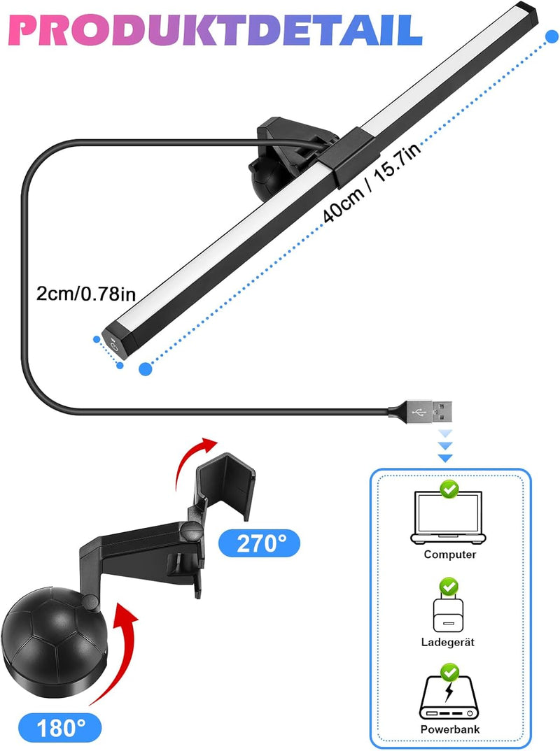 Anpro Monitor-LED-Lichtleiste, 2800–6500 K LED-Lampe mit 3 Farbtemperaturen und 3 Helligkeitsstufen,