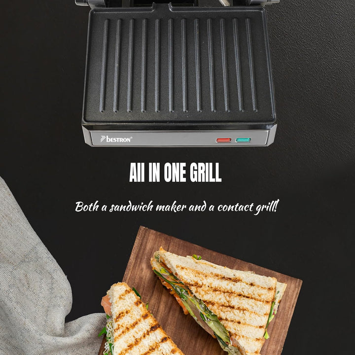 Bestron elektrischer Kontaktgrill mit Auffangschale, Sandwichmaker mit Cool-Touch-Handgriff, Paninim