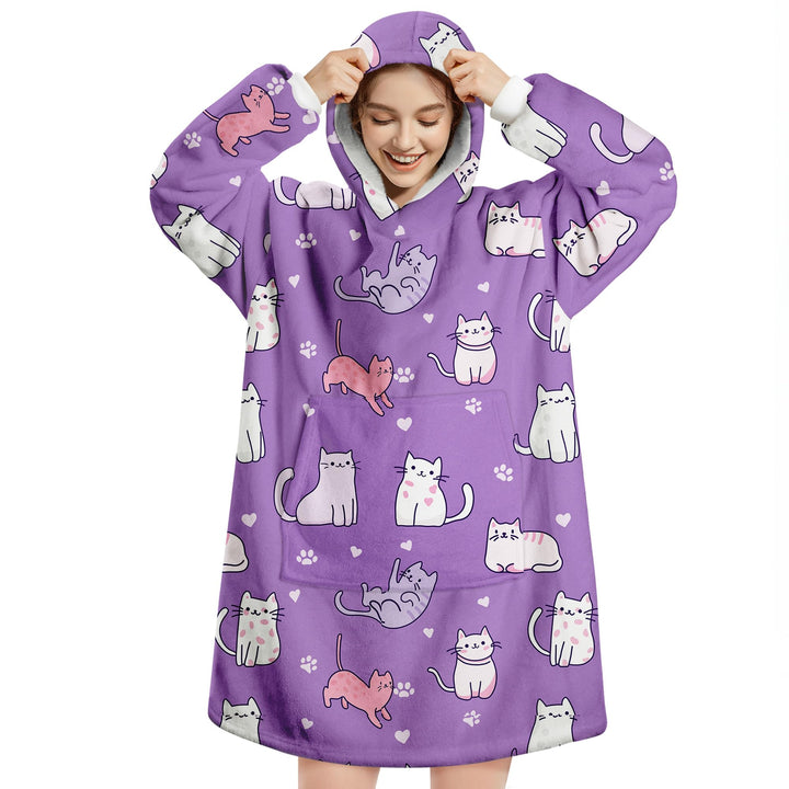 Hoodie Decke Oversize Katze Lila mit Ärmeln Kuscheldecke Deckenpullover für Damen Herren, Tragbare D