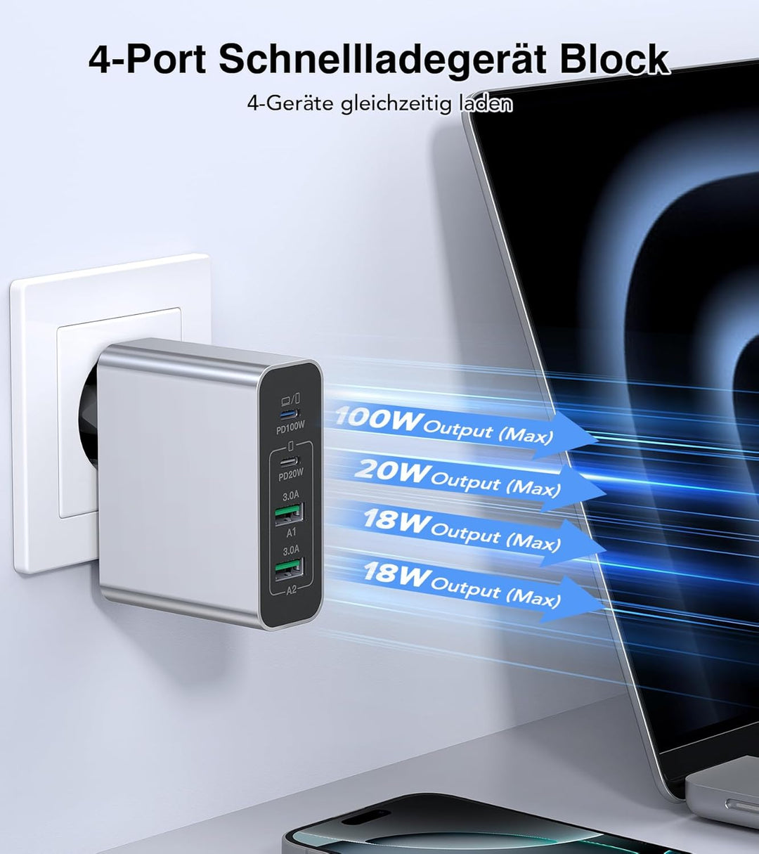 120W 4-Port USB C Ladegerät Mehrfach Mit USB-A, Schnellladegerät PD3.0 Power Adapter, Netzteil Für i