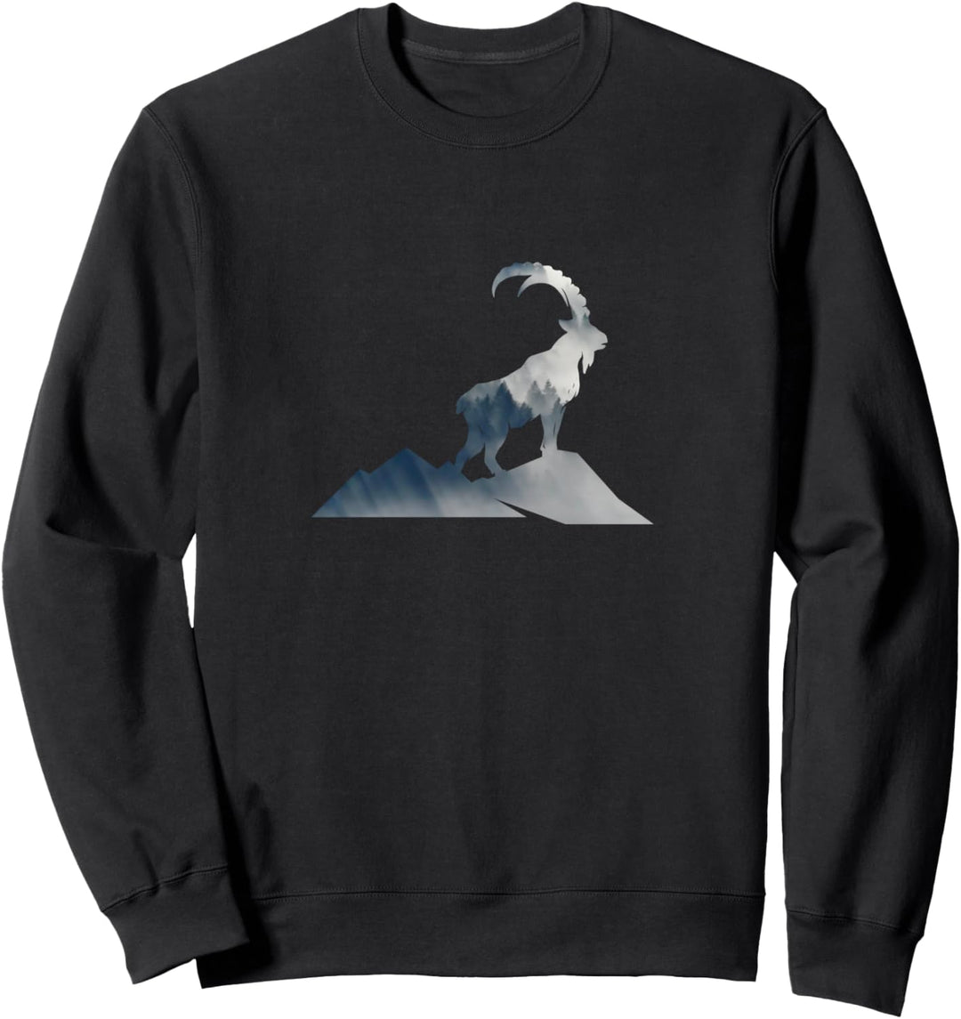 Steinbock Silhouette mit Berg Wald & Nebel - Natur Wandern Sweatshirt