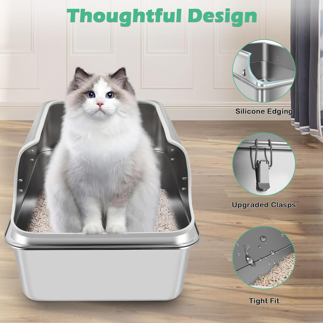 Katzenklo Edelstahl XXL, Stainless Steel Litter Box, Katzentoilette offene mit Metall Schaufel, Cat
