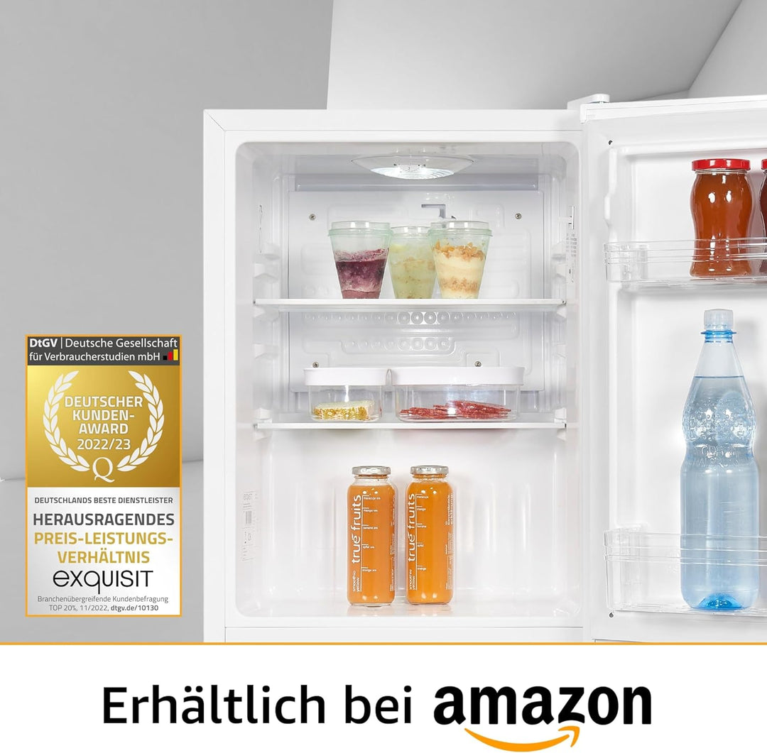 Exquisit Mini Kühlschrank KB60-V-090E weiss | 52 l Nutzinhalt | LED-Innenbeleuchtung | Glasablagen |