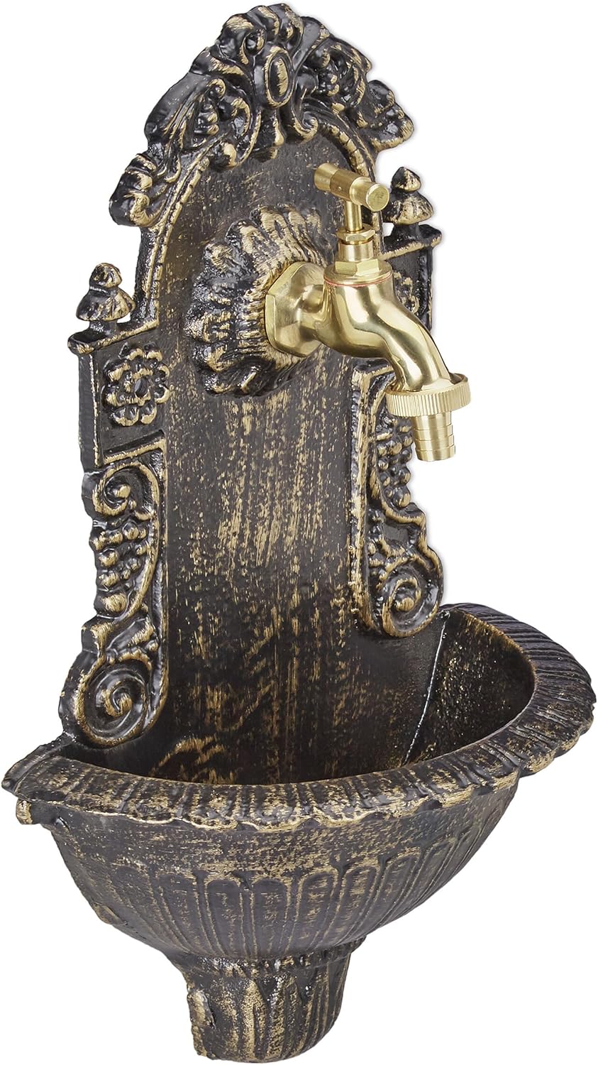 Relaxdays Wandbrunnen antik, mit Wasserhahn, nostalgisch, Waschbecken Garten, Aluguss, HBT 40 x 24,5