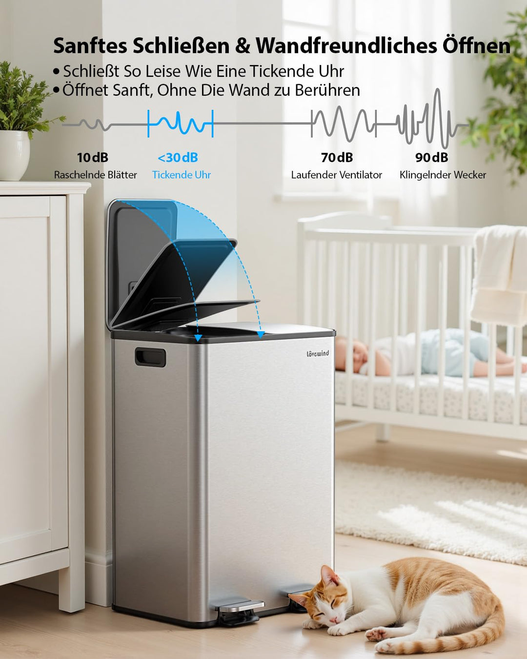 lovewind Mülleimer, 2 x 30L Mülleimer Küche, Doppeleimer für Recycling und Abfall, Silber, Mülleimer