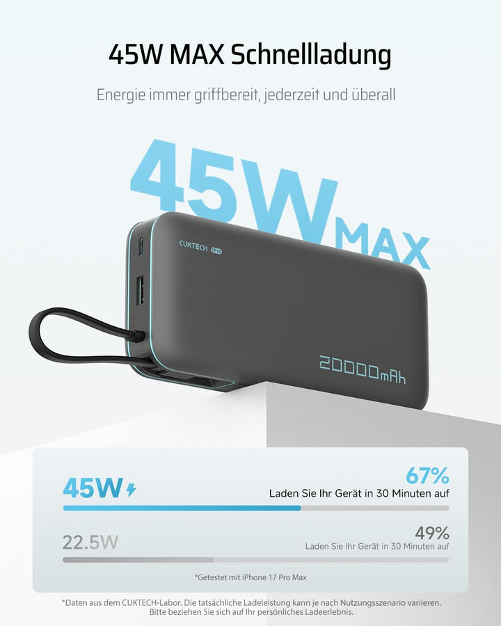 CUKTECH 20000mah Power Bank, 45W Powerbank mit Integriertem USB-C Kabel, Externe Handyakkus mit Schn
