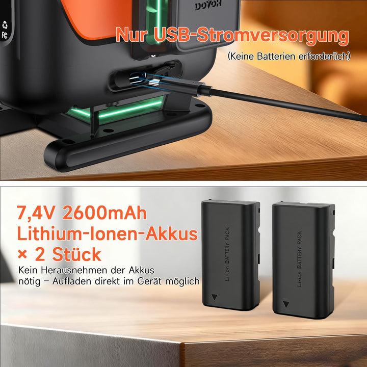 4D Kreuzlinienlaser mit Stativ, DOVOH 360° Selbstnivellierender Grüner Laser, Dual-Akkus, Klass Ⅱ, H