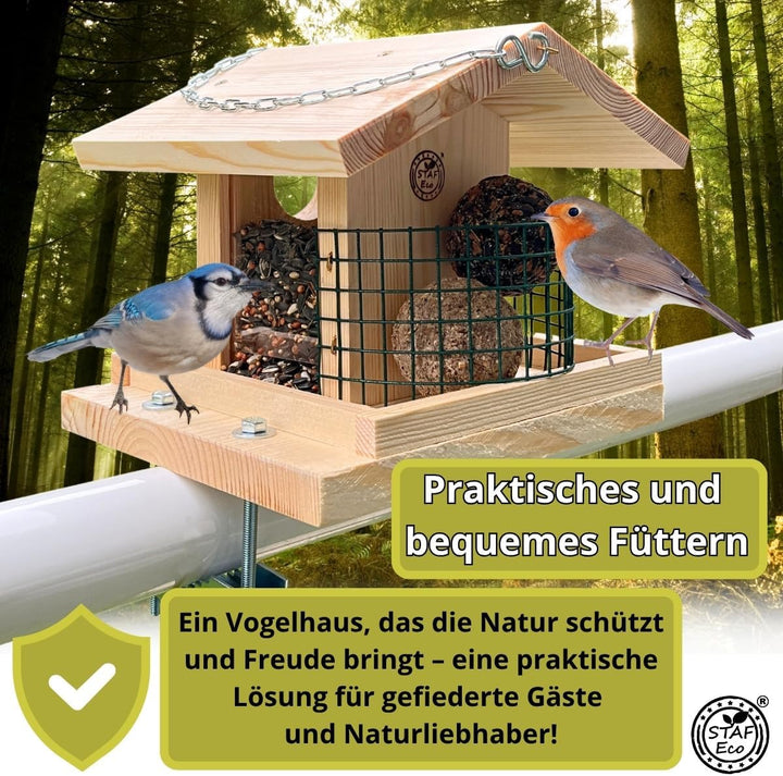 Vogelfutterhaus Vogelhaus Balkon aus natürlichem Holz mit Halterung für das Geländer und Kette zum A